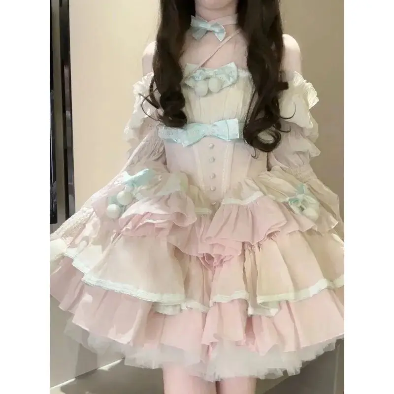 

Japanese Sweet Lolita Princess Cake Dress for Women Bow Ruffles Patchwork Party Dresses Y2k Girls Slimming Fluffy Mini Dress