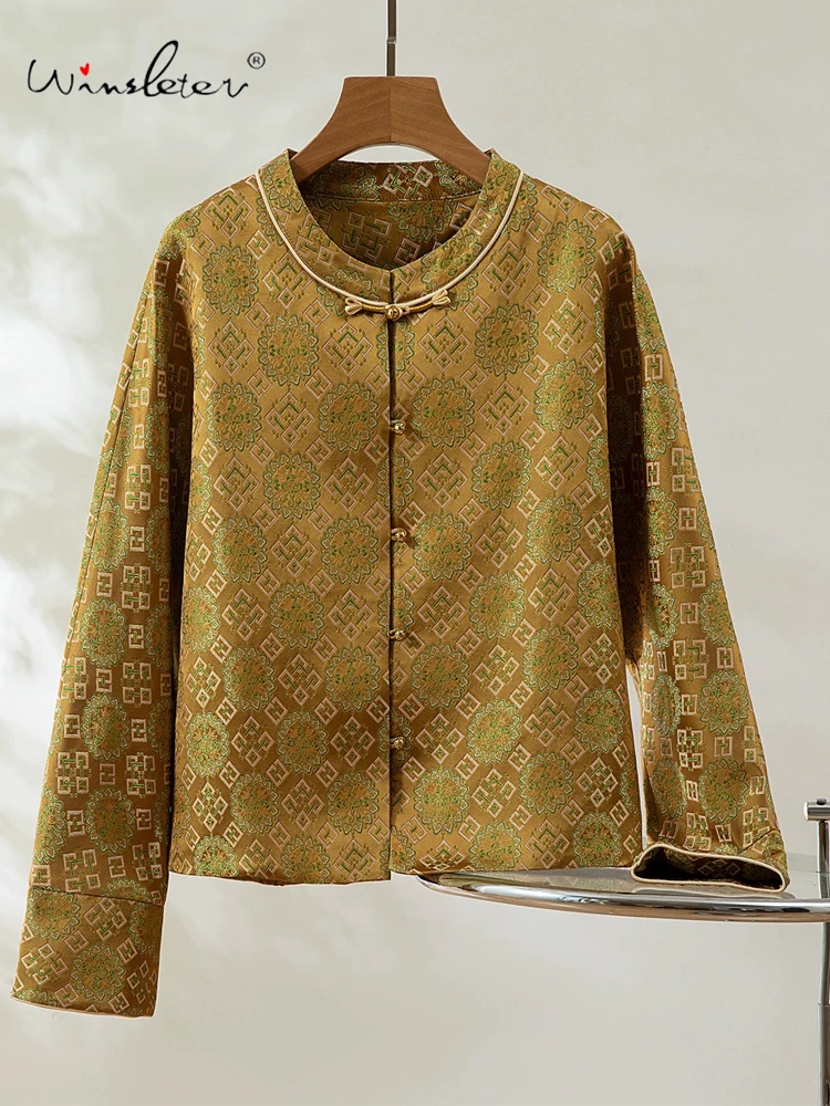

Winsleter-100% Элегантное пальто из парчи из настоящего шелка Song, геометрия с круглым вырезом, женское роскошное свободное пальто в стиле ретро, новинка зимы 2025 года C5N808CC