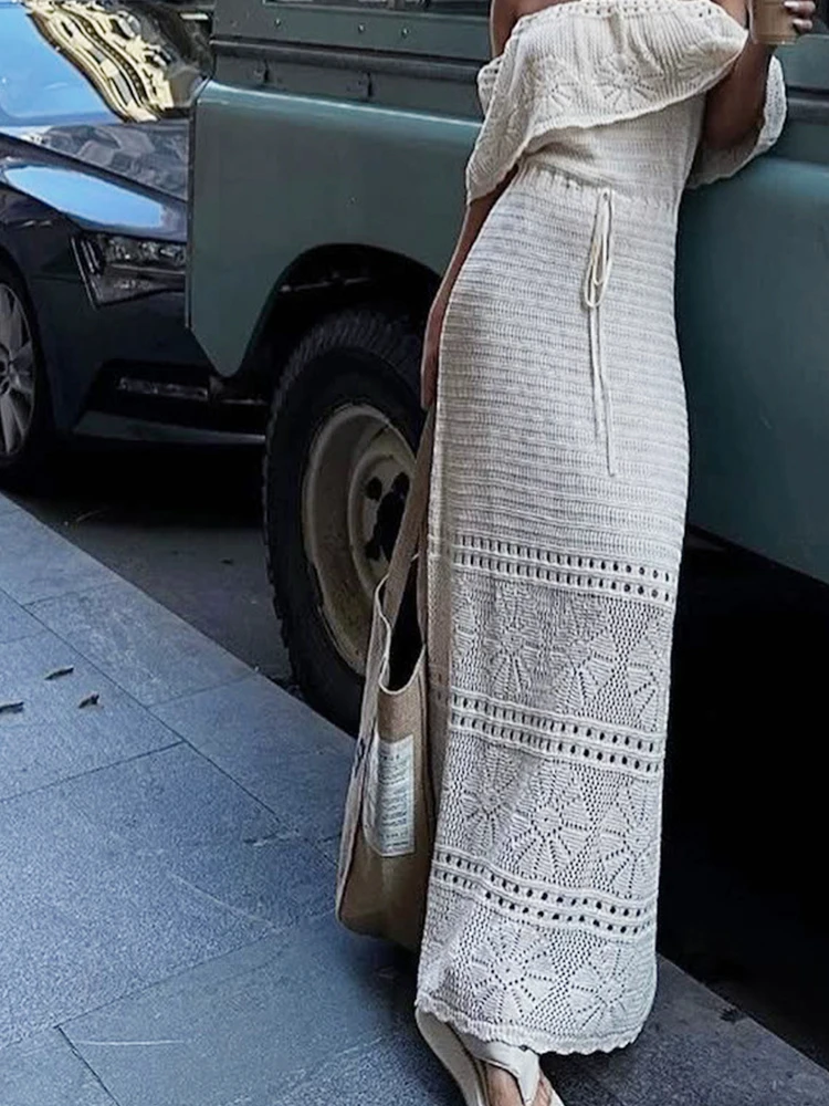 بوهو فستان منسوج مثير بلا أكمام مائل الرقبة فستان طويل المرأة نادي الحفلات عالية الشاطئ ماكسي فساتين امرأة Bodycon فستان كاجوال أنثى