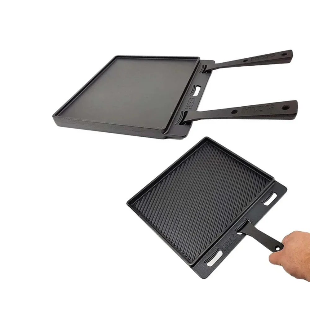 30*30cm Cast Iron Frying Pan with 2 Handles HIZO Cast Iron Double Sided Skillet Kitchen Accessary