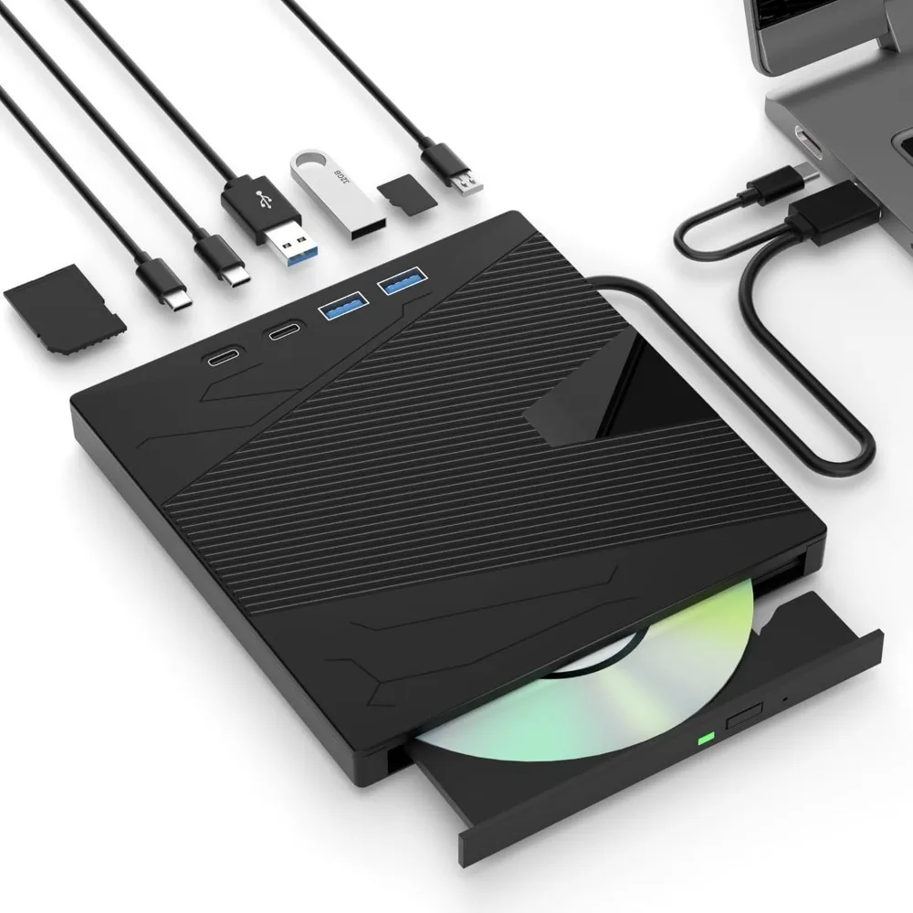 

7-in-1 External CD/DVD Drive USB 3.0 & Type-C DVD Player Portable CD DVD RW Burner Compatible with Windows XP/7/8/10 Linux MacOS