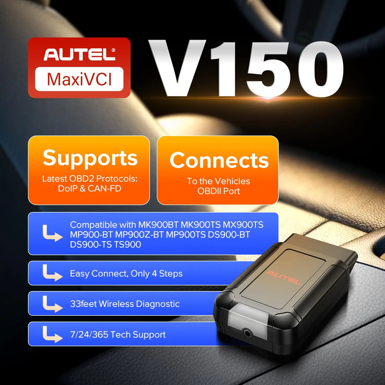 Wireless Dongle VCI AUTEL MaxiVCI V150 Support DoIP and CanFD Car Communication Interface Used with MK900-BT MP900BT TS900 . etc