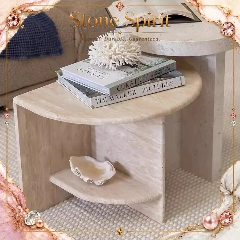 Cave Stone Furniture Retro Wabi-sabi Style Semi-Circular Coffee Table Small Hotel Apartment Living Room Side Table Bedside Table
