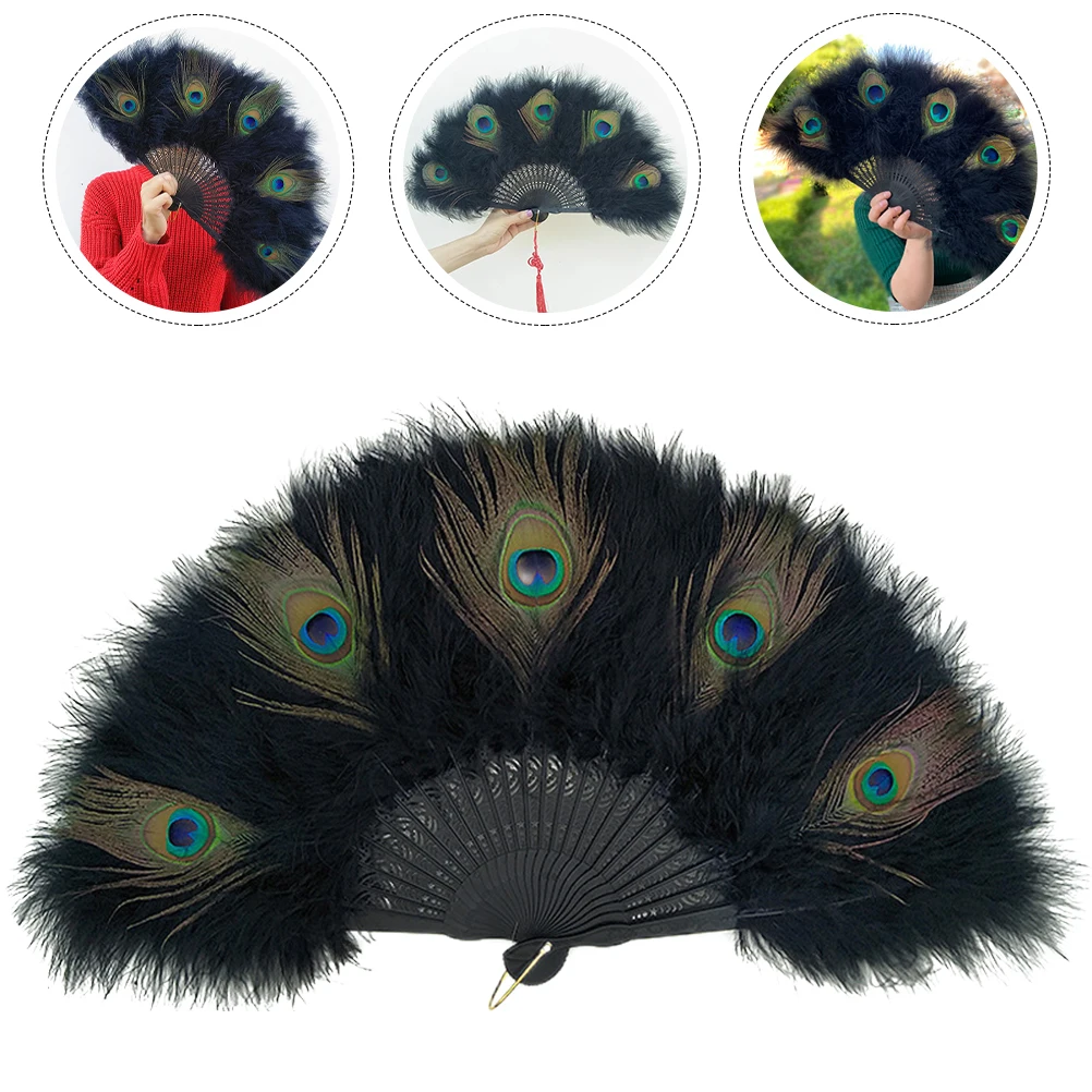 

Peafowl Plume Folding Fan Hand Fan For Wedding Decor Black Silk Cloth Plastic Design Dance Party