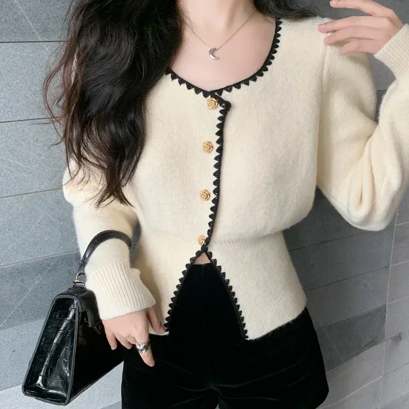 Ezgaga Elegant Knitted Cardigan Women Square Collar Long Sleeve Single Breasted Autumn Winter Outwear Sweater Female Chic