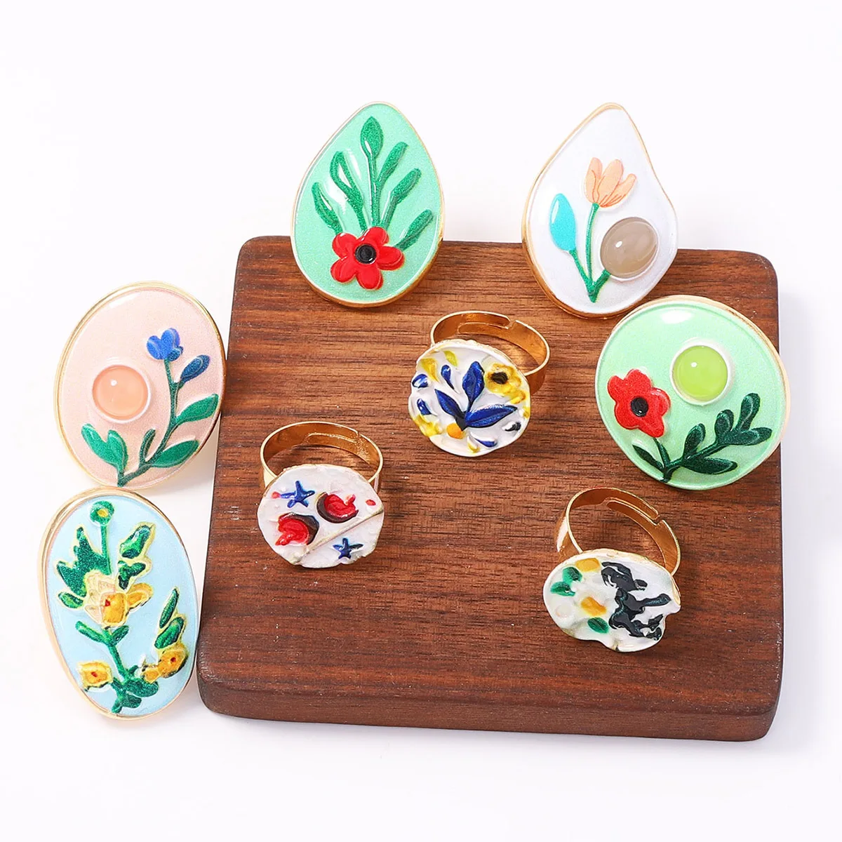 Retro Folk Art Hand Drawn Floral Enamel Rings Heart Square Round Adjustable Open Rings Aesthetic Bohemian Trendy Jewelry Gift