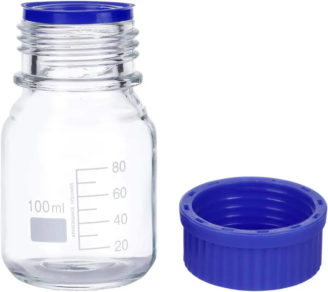 12 Pieces 25/50/100 mL Graduated Round Reagent Media/Storage Glass Bottle With GL45 Blue Polypropylene Screw Cap