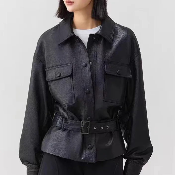 Women's Turn down Collar Single Breasted Double Pocket Belted Waist Faux Leather Jacket Slimming Comfort All match Commute Coat