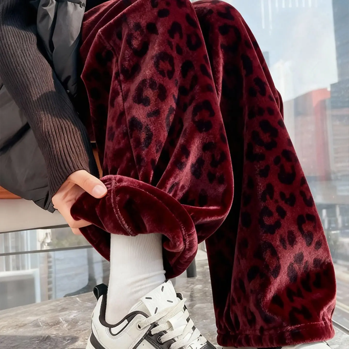 retro red leopard print velvet wide-leg pants women's autumn and winter great-looking  velvet straight casual pants