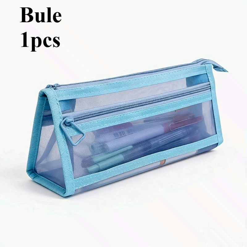 1 Patterned Mesh Pencil Case with A Handle and A Zipper, A Transparent Double-layer Pencil Box, Suitable for The Office