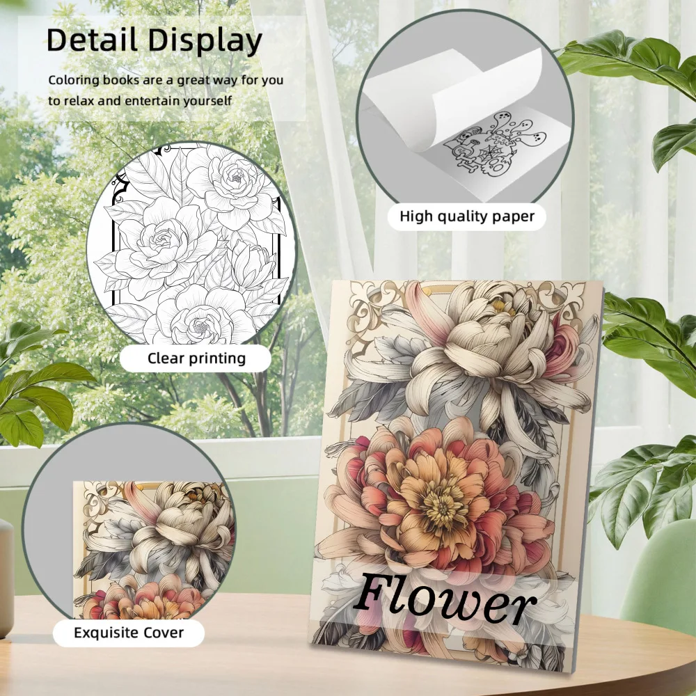 A4 Flower Coloring Book 24 Pages Beautiful Floral Illustrations for Adults Stress Relief Relaxation Art Gift