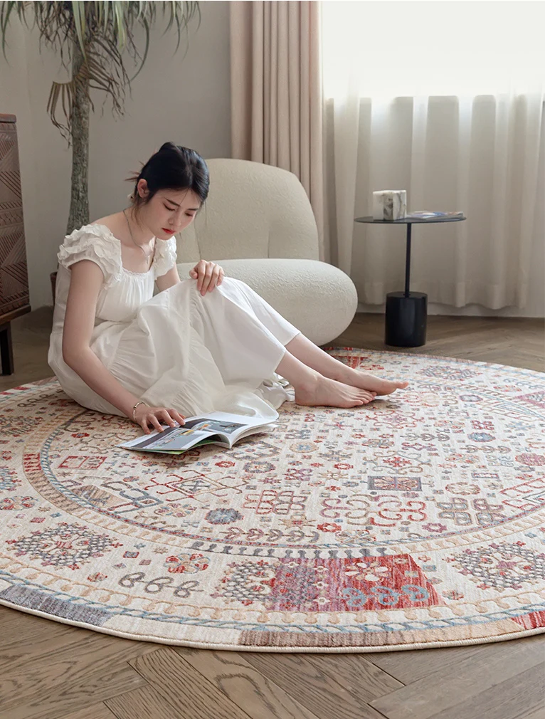 Round Carpet Vintage Ethnic Turkey Style Living Bedroom Carpet Sofa Coffee Table Mat American Thick Chair Round Rug No Glue Big