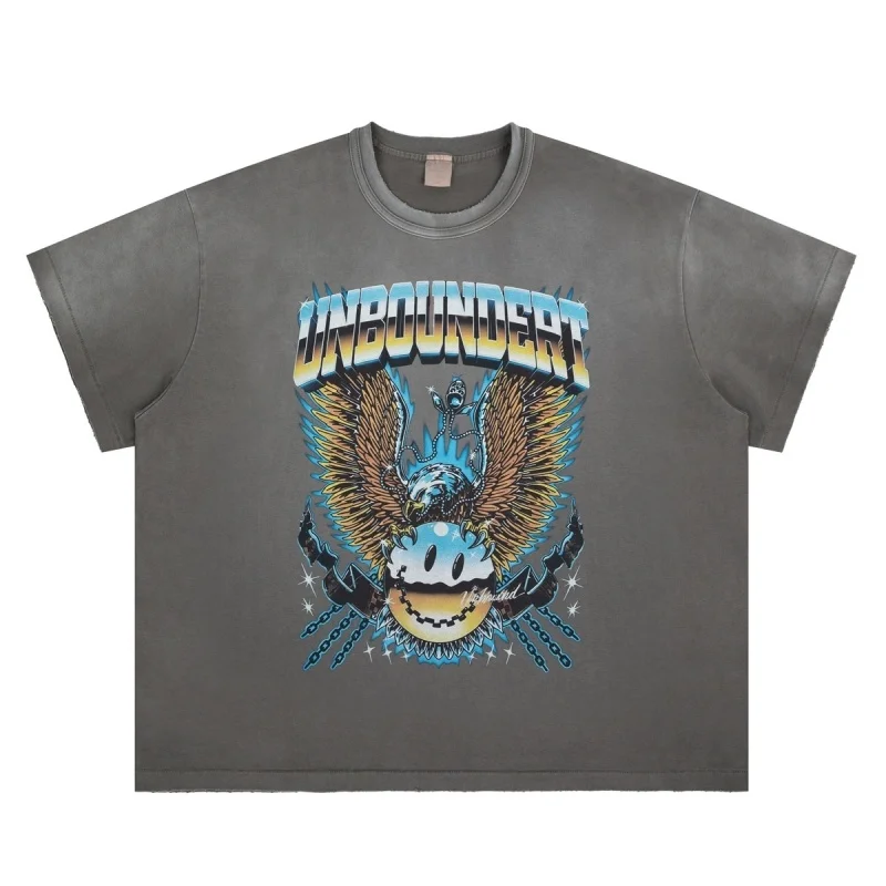 Vintage Washed Unbound Hero T-Shirt Men Eagle Skull Wing Print Oversized Biker Gothic Streetwear Tees