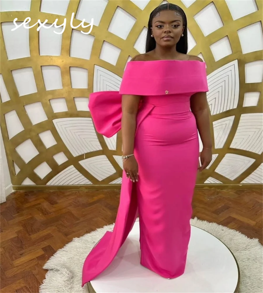 

Hot Pink Mermaid Prom Dress For Black Girls Elegant Plus Size African Evening Dress Big Bow Dance Formal Party Gown Customized