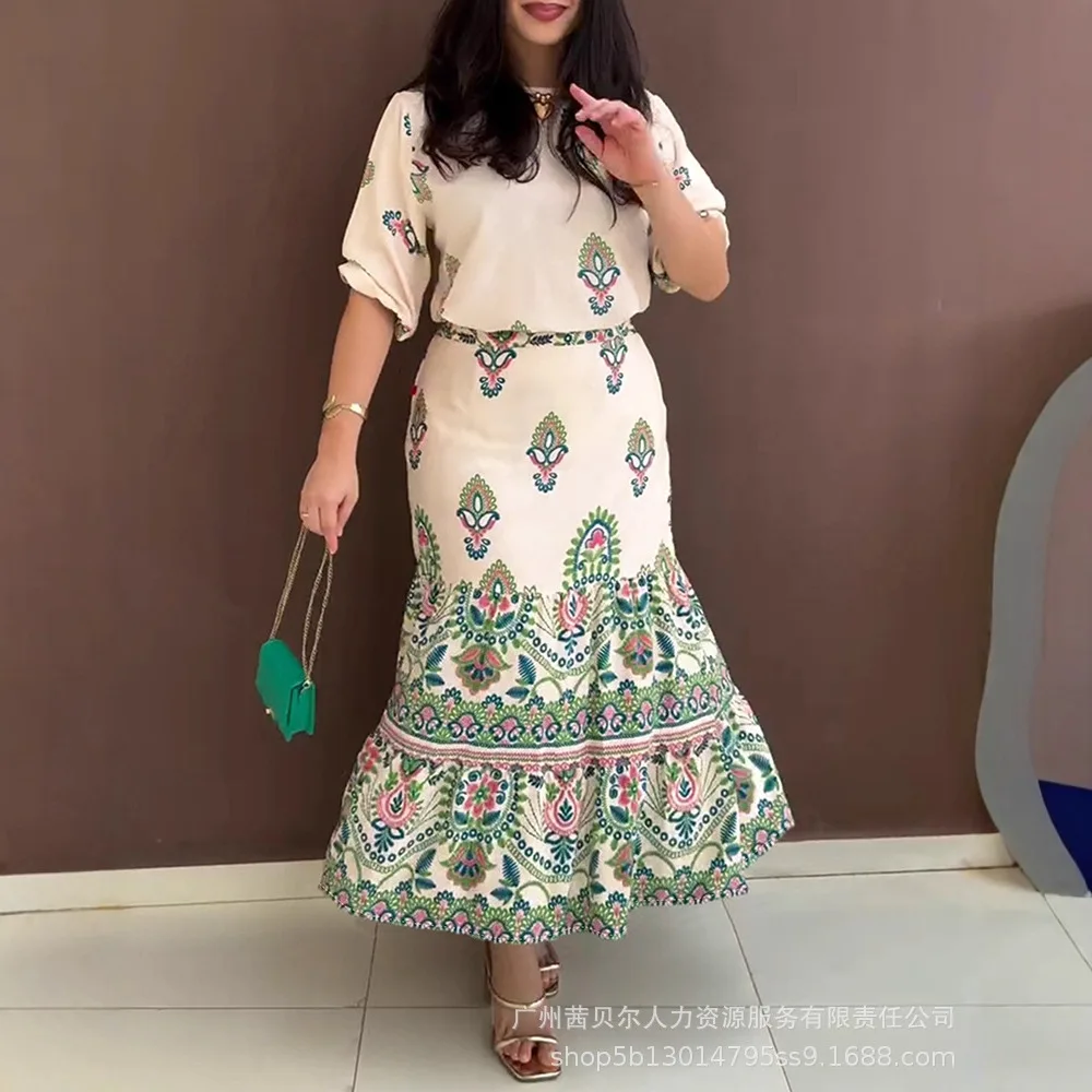 

Women Two Piece Sets Skirt Set Round Neck Half Sleeve Print Tops Long Skirts A Line High Waist Y2k Streetwear Elegant Work