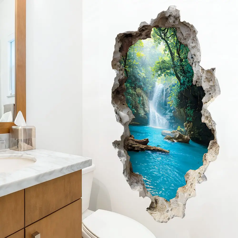 Immersive Cave Waterfall Wall Decal Waterproof Bathroom Decor Modern Simple Style Sticker Nature View Mural Art Wallpaper