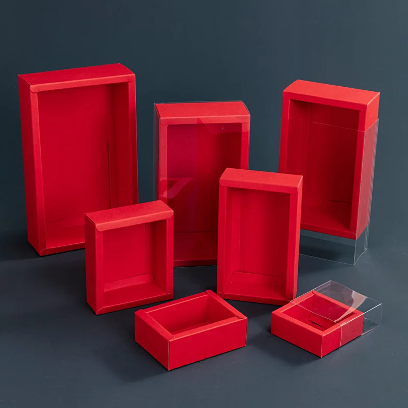 20pcs Kraft Paper Drawer Boxes with Clear PVC Sleeve Handmade Soap Box Packaging Wedding Party Cookies Candy Cake Box