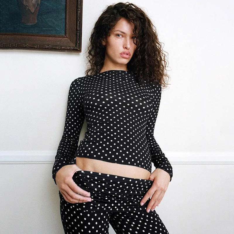 2025 Autumn 2 Pieces Set For Woman Long Sleeve Sports Suit Female Print Polka Dots Pant Sets Office  Two Piece Set Women Outfits