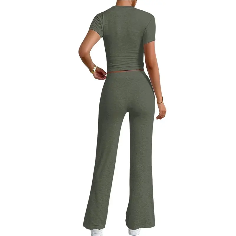 

CYL-Women's 2 Piece Lounge Sets Straight Leg Pants Set Short Sleeve Crop Tops And Pants Outfits