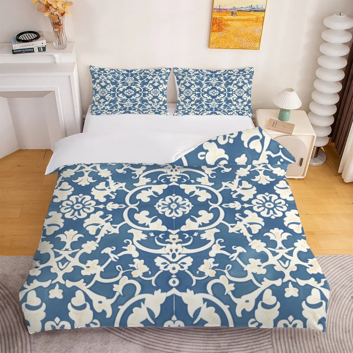 Floral pattern  Down comforter set large size  blue-white tone  Duvet cover set, 1 duvet cover and 2 pillowcases