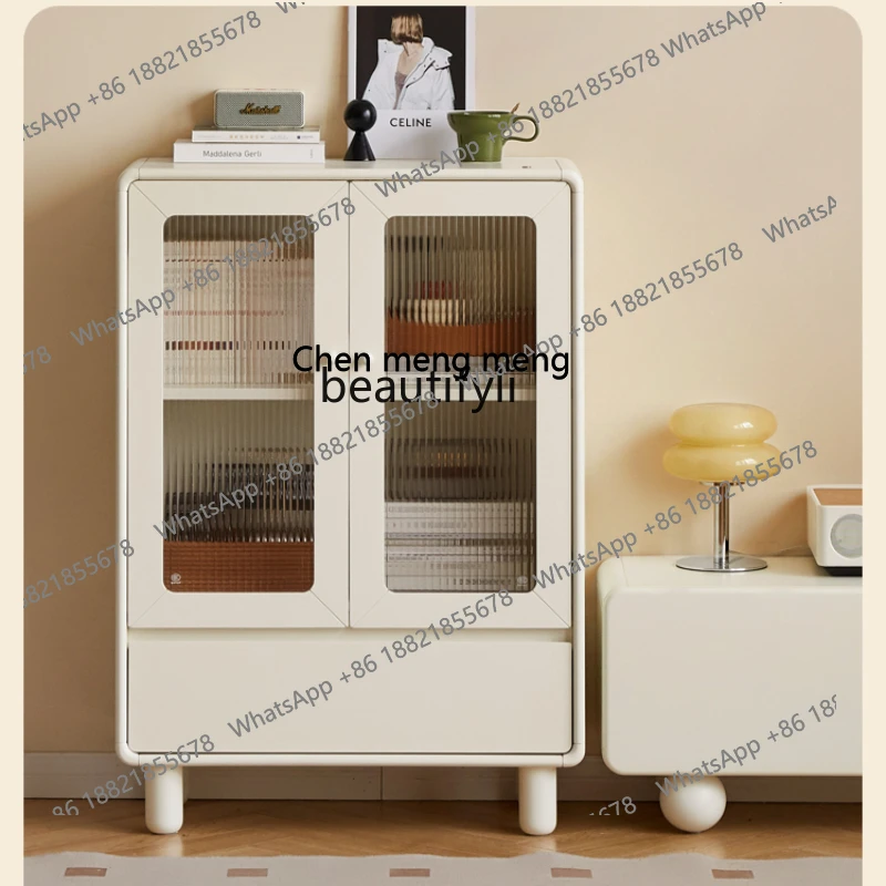 Solid Wood Wide-Brimmed Cabinet French Cream Style Living Room Locker Small Apartment White Sideboard Cabinet