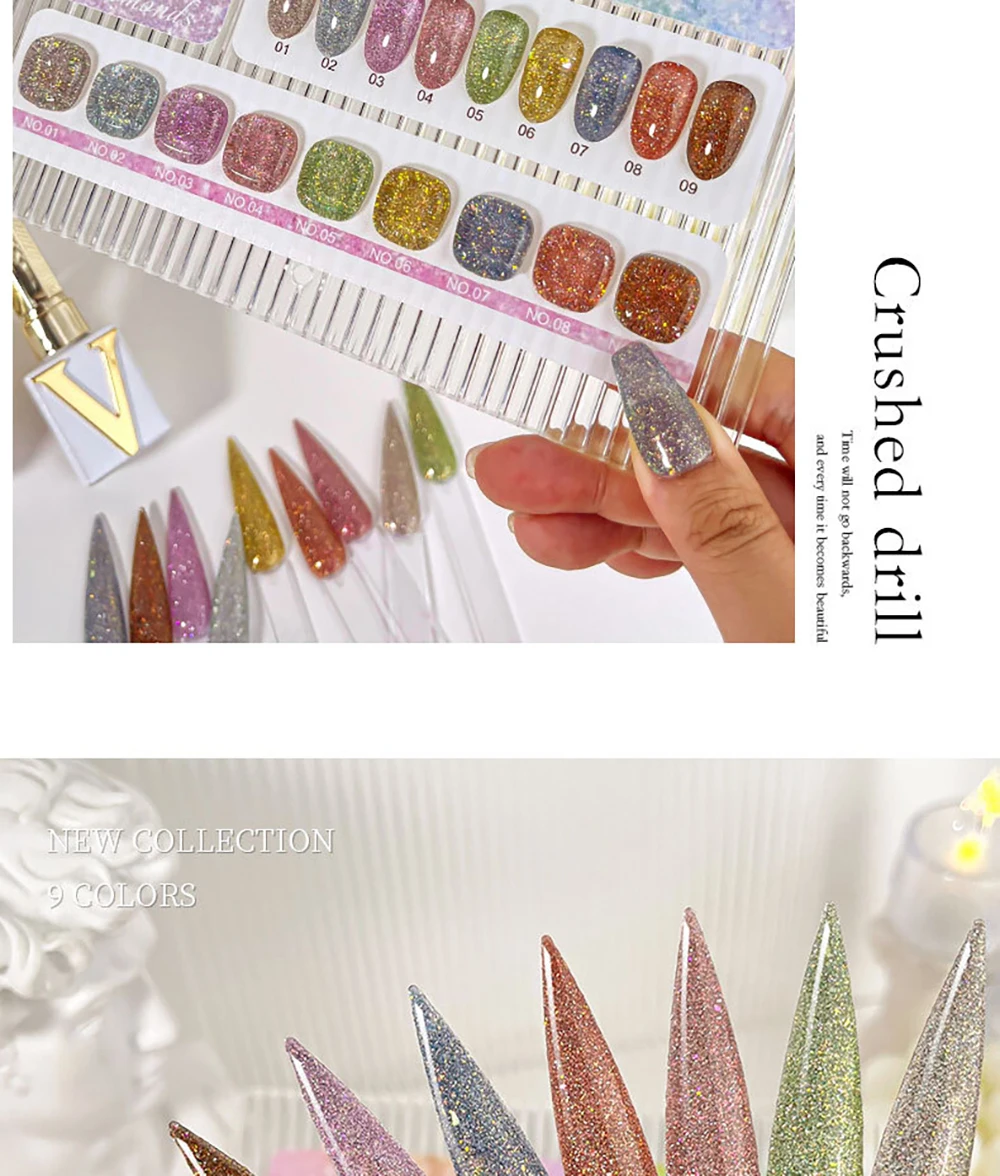 Vendeeni 9 Farben/Set Regenbogen Glitzer Gebrochener Diamant Gel Nagellack UV LED Aushärtbarer Gel-Lack Flash Nail Art Gel mit Display – Detail 6