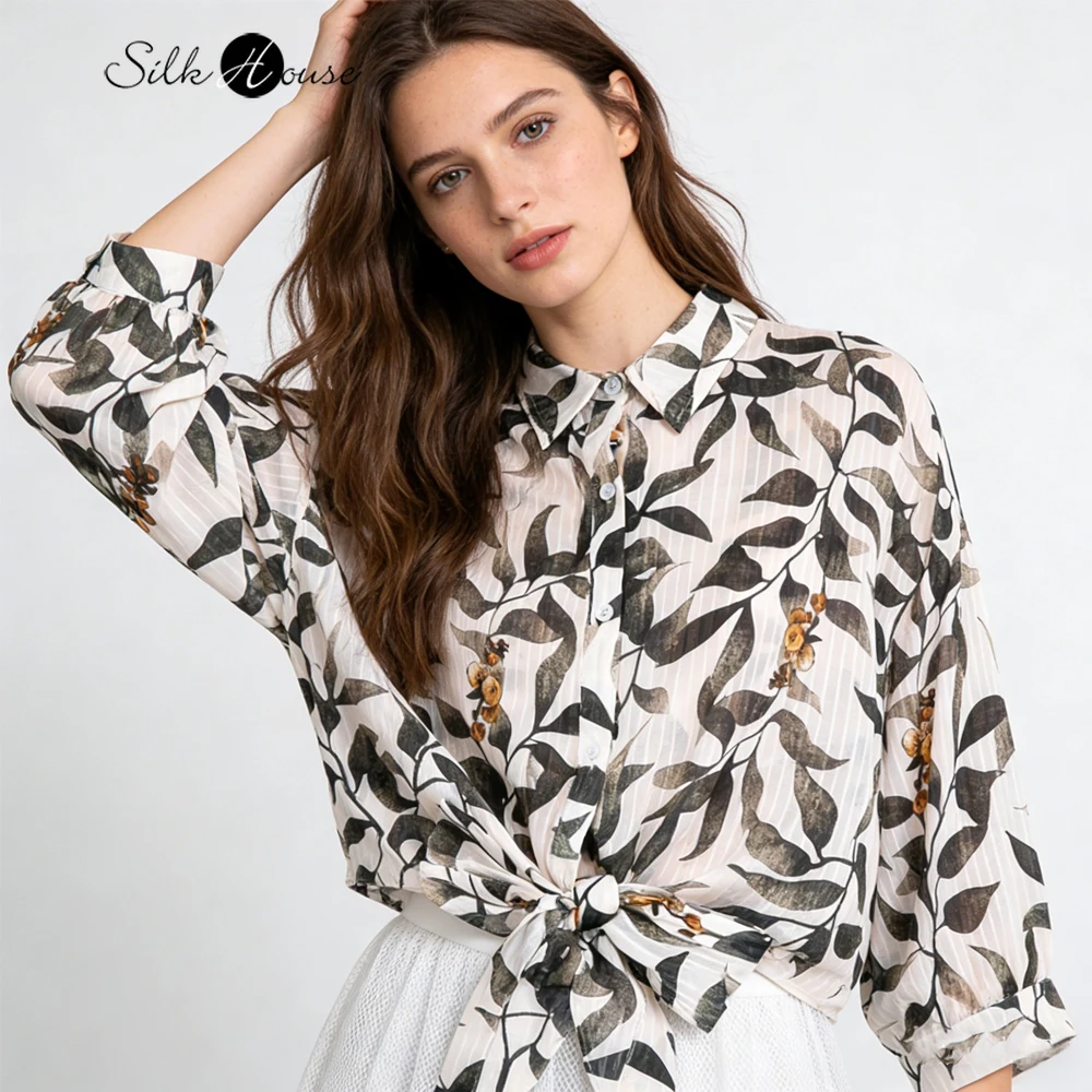 

Women's Casual Summer Clothing 50% Natural Mulberry Silk 50% Cotton Vertical Stripe Breathable Square Neck Long Sleeved Top
