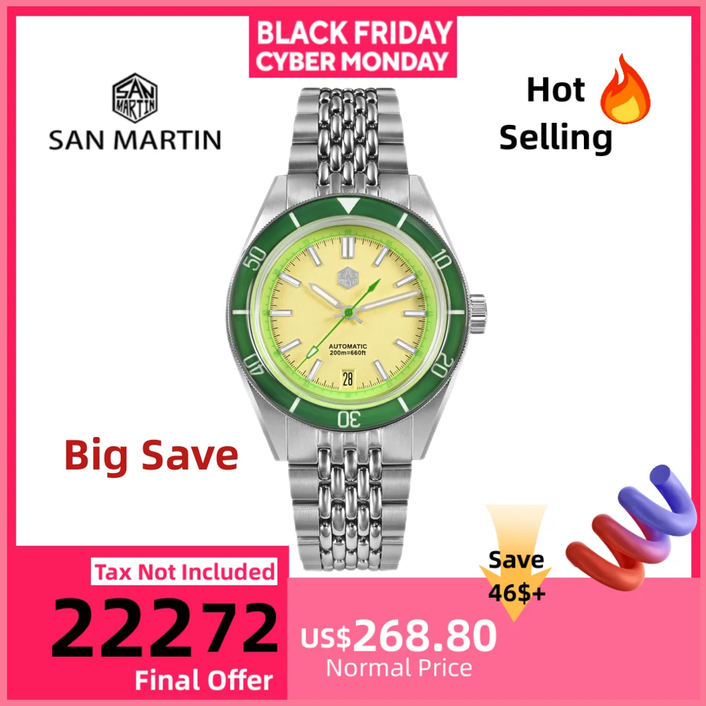 

San Martin 39.5mm NH35 Fruit Series Aluminum Bezel Mens Dive Watch Mechanical Wristwatch C3 Luminous 6H Date Sapphire SN0116B