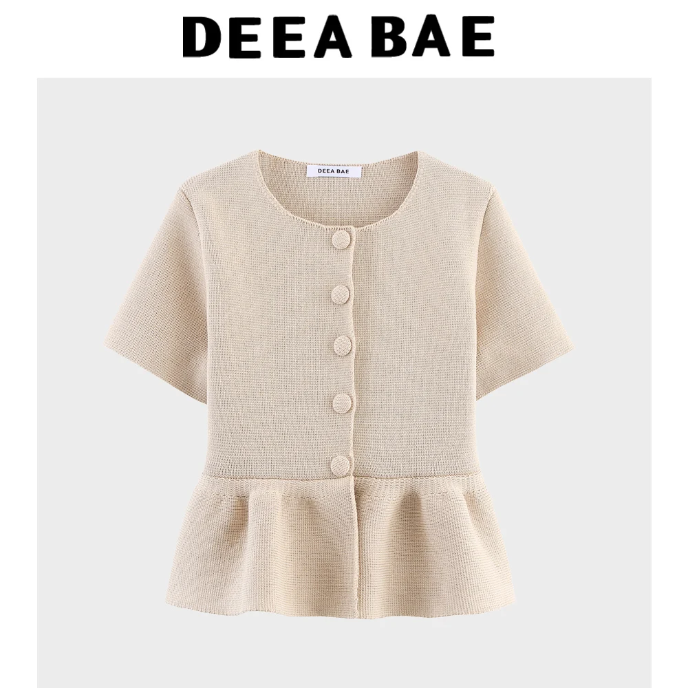 

DEEABAE Autumn new women's casual temperament round neck button up short sleeved short skirt knitted jacket