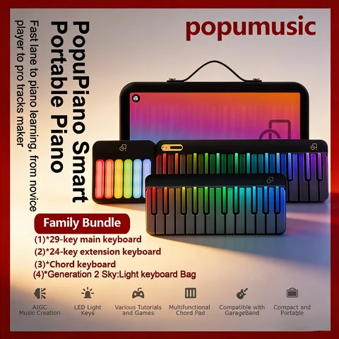 PopuMusic 59 Keys Smart Piano | 29-key Main + Chord + 24 Expansion Keyboard, 256 Tones MIDI LED Portable Beginner Gift