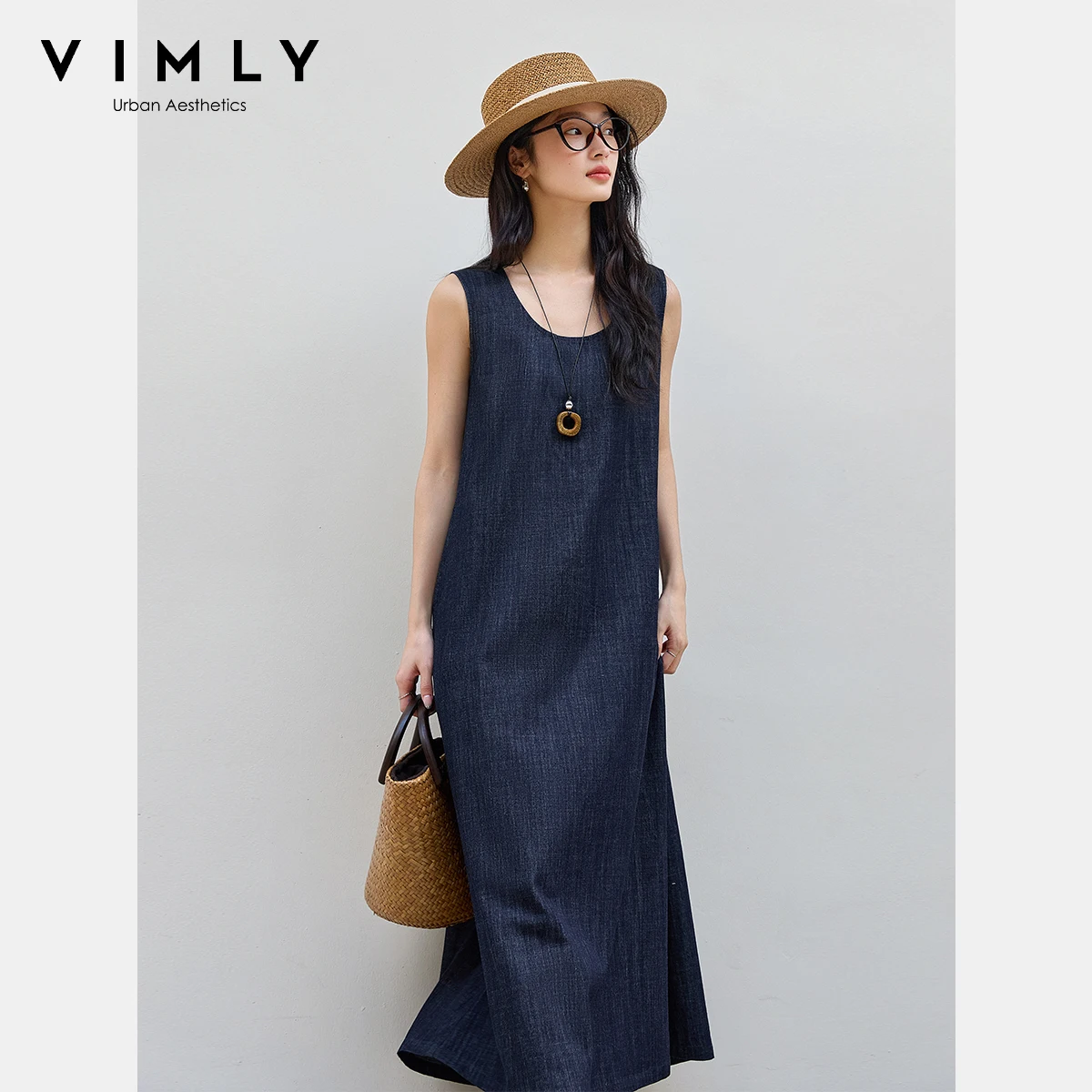VIMLY Midi Dresses 2025 New Women Autumn Vintage Denim Sleeveless Dress Pure Cotton Loose Ladies Dresses Female Clothing M9821