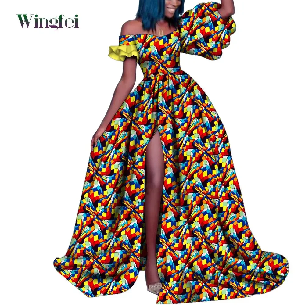 Ankara Fashion African Clothes for Women Print Maxi Long Dressss for Women Dashiki Party Wear Split Elegant Lady Dresses WY4984