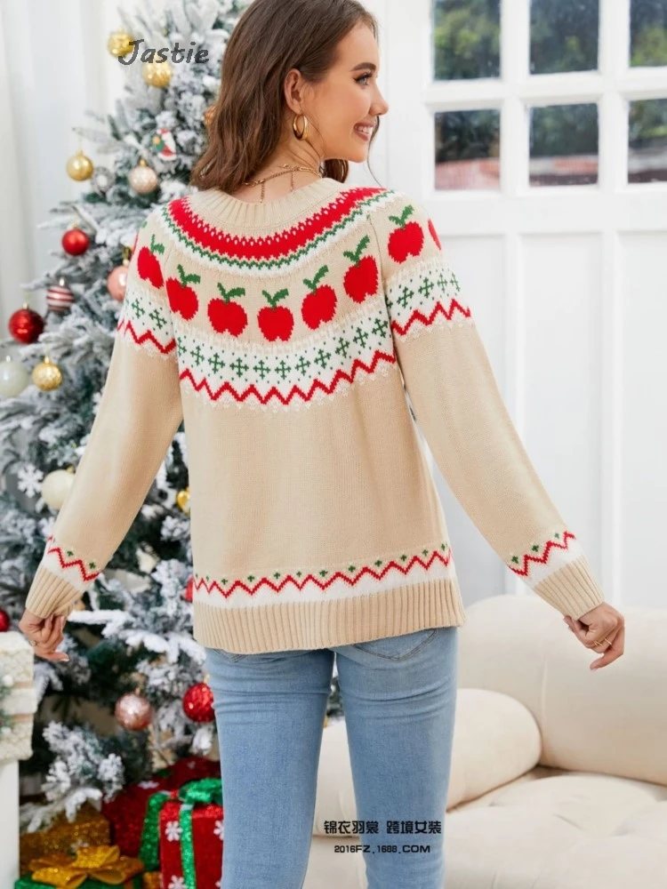 Apple And Geometric Pattern Jacquard Christmas Sweater Fashion Casual Round Neck Knitting Tops Female 2025 New