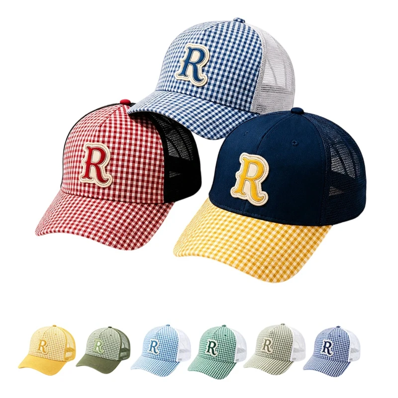 Korean Style Fresh Plaid Splicing Mesh Baseball Cap, Fashion Patch Embroidered Hat, Sun Protection Breathable Hat for Men Women