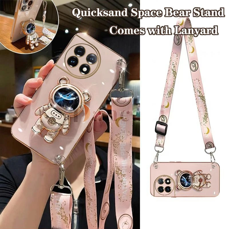Quicksand Astronaut Lanyard Plating Phone Holder Case For Oneplus 11 11R 9 9R 9RT 10R 10T 10 Pro 8T Cover