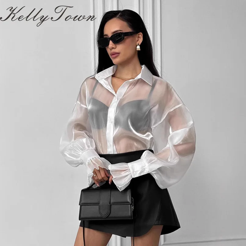 2026 See-though Women Shirt Lightweight Organza Shirts Lantern Sleeve Elegant Blouses Summer Loose Casual Anti-Sun Shirt рубашка