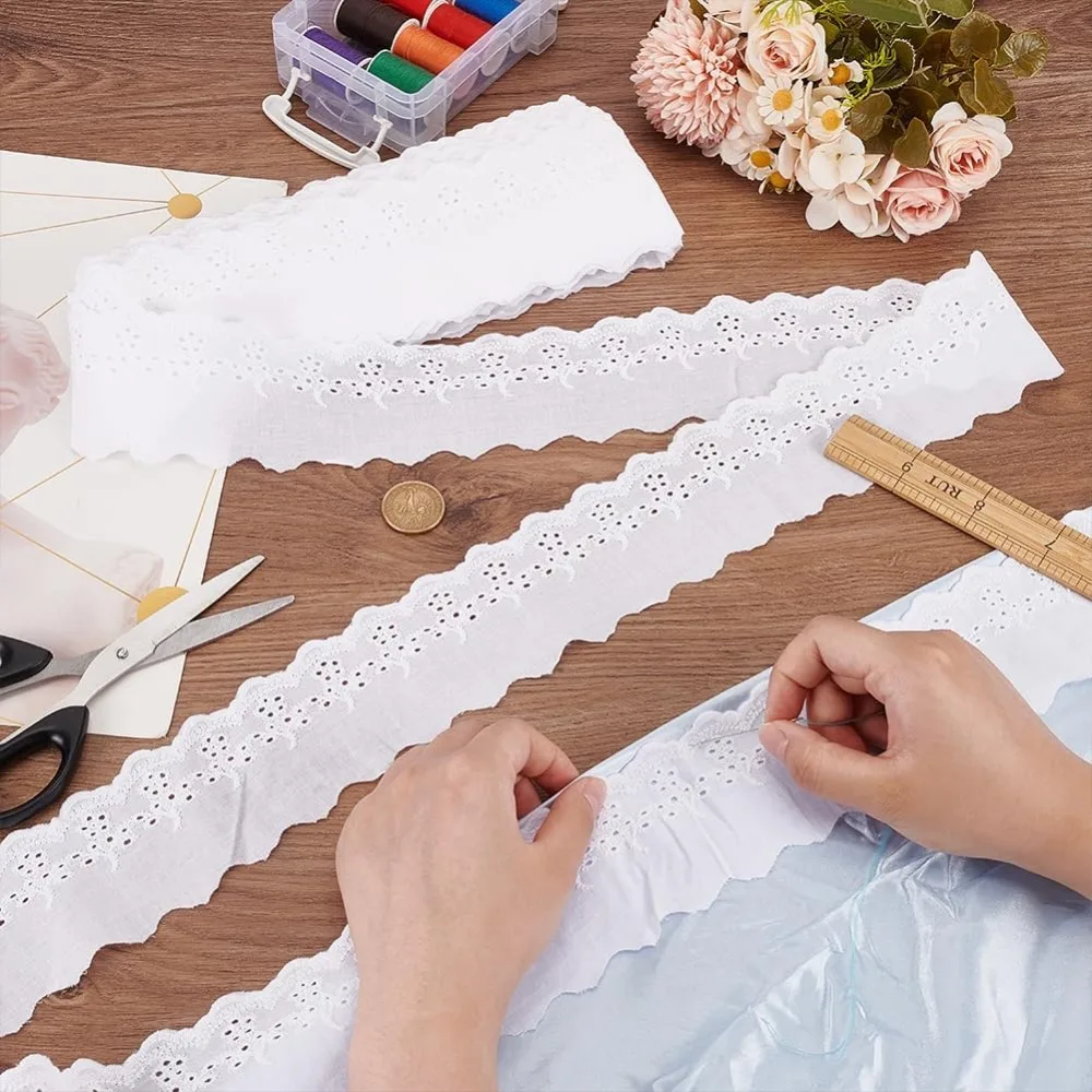 15 Yards Eyelet Lace Ribbon 2-1/2 inch Wide White Cotton Trim Wavy EdgeRibbon Cotton Embroidery Hollow Flower