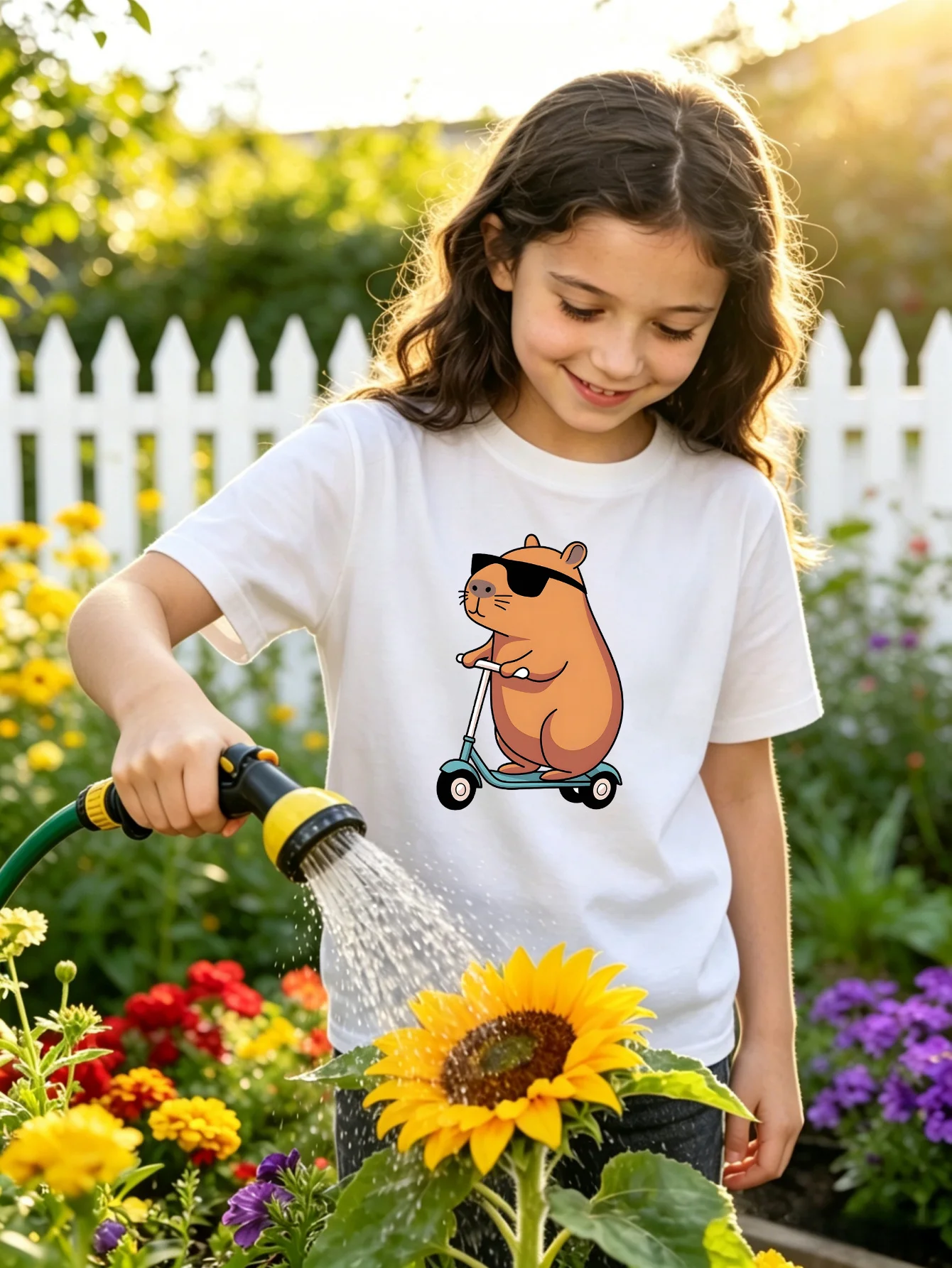 Cartoon Cool Capybara Riding Scooter Kid Tee Animal Graphic Print Boys Girls Family Matching Cotton Short Sleeve Children Tshirt