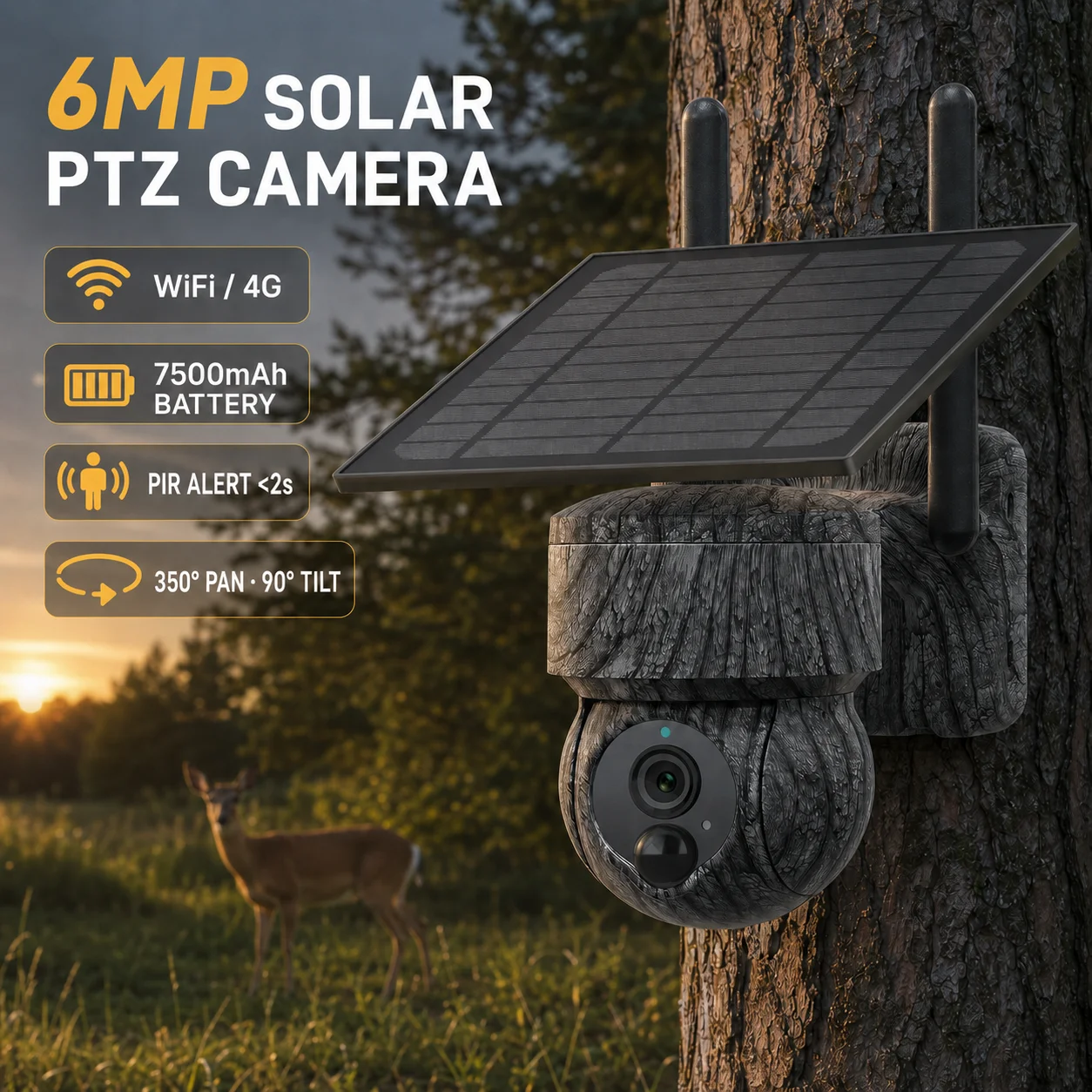 6MP Solar-PTZ-Sicherheitskamera WiFi oder 4G Outdoor PIR-Bewegungserkennung 350 °   Herr 90 °   Tilt UBOX App Zwei-Wege-Audio