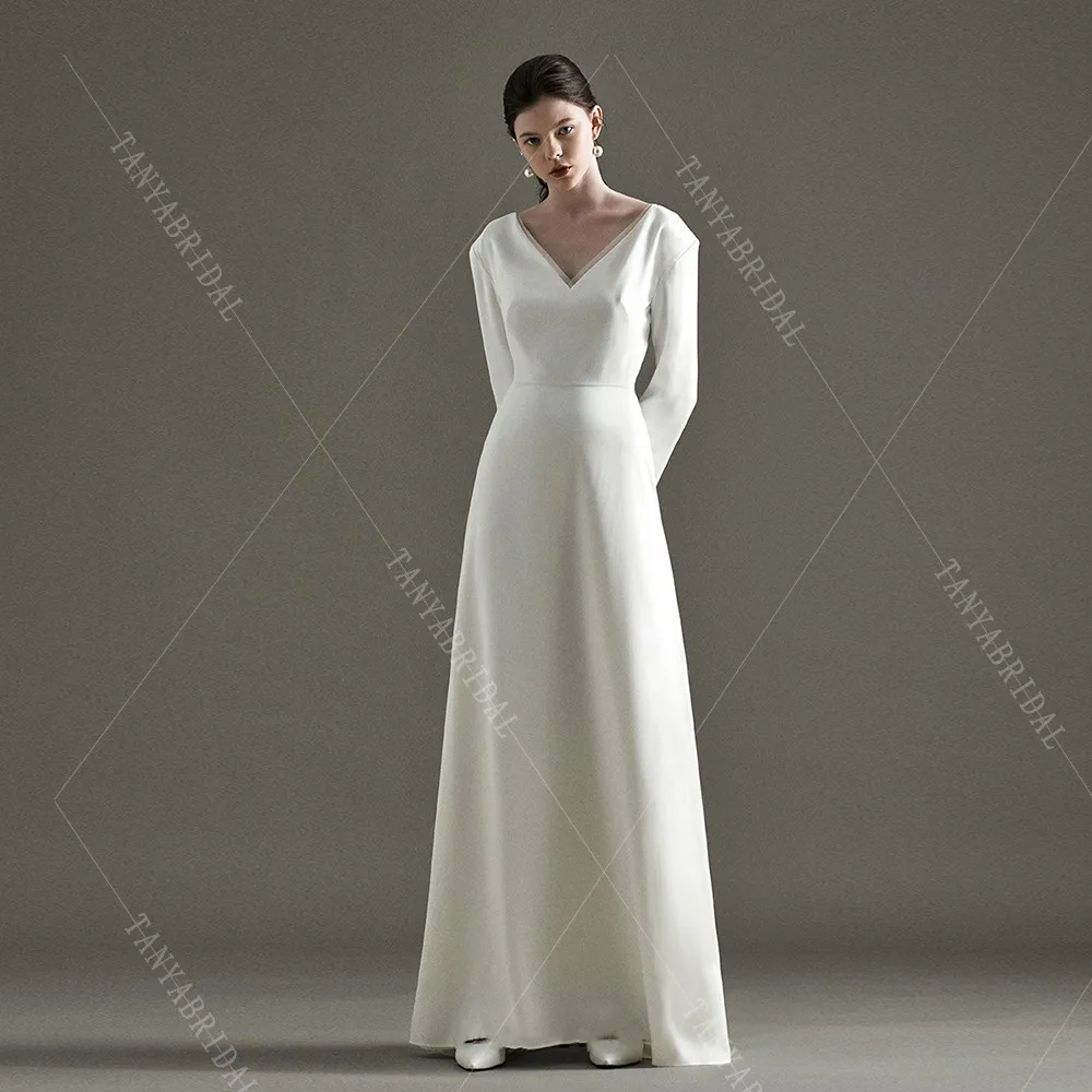 Customized Soft Satin Wedding Dress Elegant V Neck Long Sleeves Bridal Photo Shoot Dress A Line Sweep Train Simple Bridal Gown