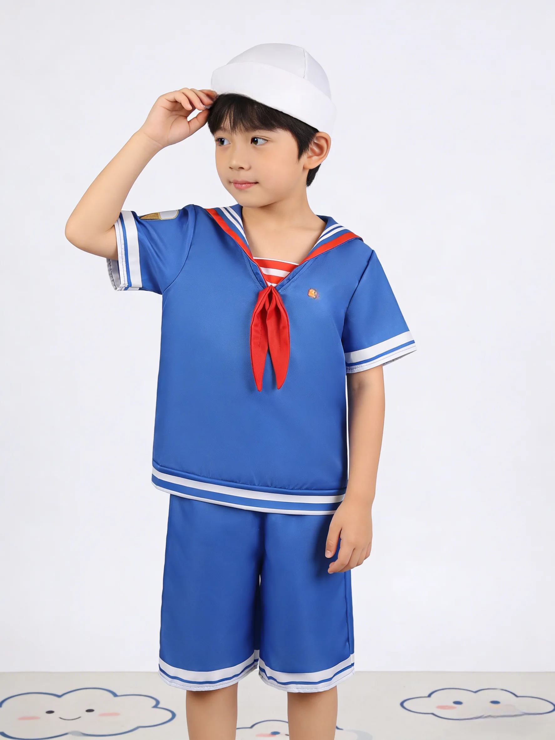 1 Set Marinekostüm für Jungen: 1 Hut + 1 blaues Kurzarmhemd + 1 Paar blaue Shorts, mit weißem Kontrastbesatz an den Bündchen und Saum, passend zum Matrosenkragen, geeignet für Halloween, Karneval und