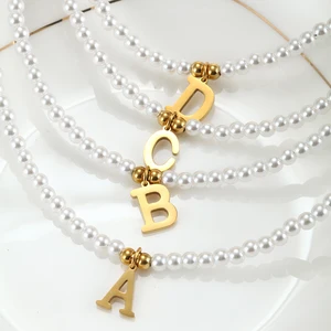 Letras de aço inoxidável pingente inicial colar diy nome simulado pérolas grânulo colares para mulheres pérola gargantilha jóias 10 principais vendas colar letra perola - №1