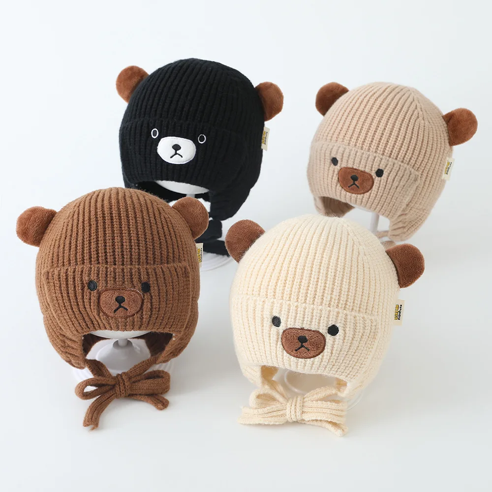 

Boys Bear Animal Beanie Hats Children Thick Cute Caps Kids Knitted Cold Proof Hat Girls Autumn Winter Warm Windproof Cap