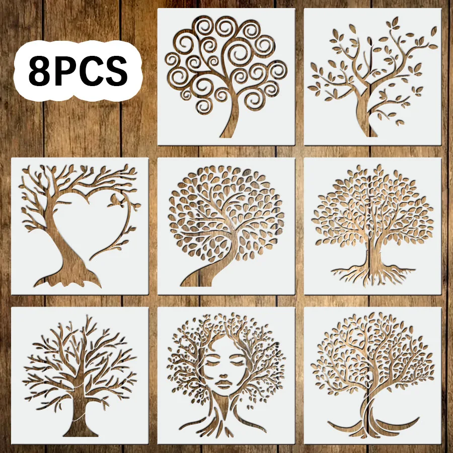 Woo0d 바닥 벽 직물 등에 그림 및 스프레이를 위한 8팩 8x8인치 숲 자연 꽃무늬 속이 빈 스텐실