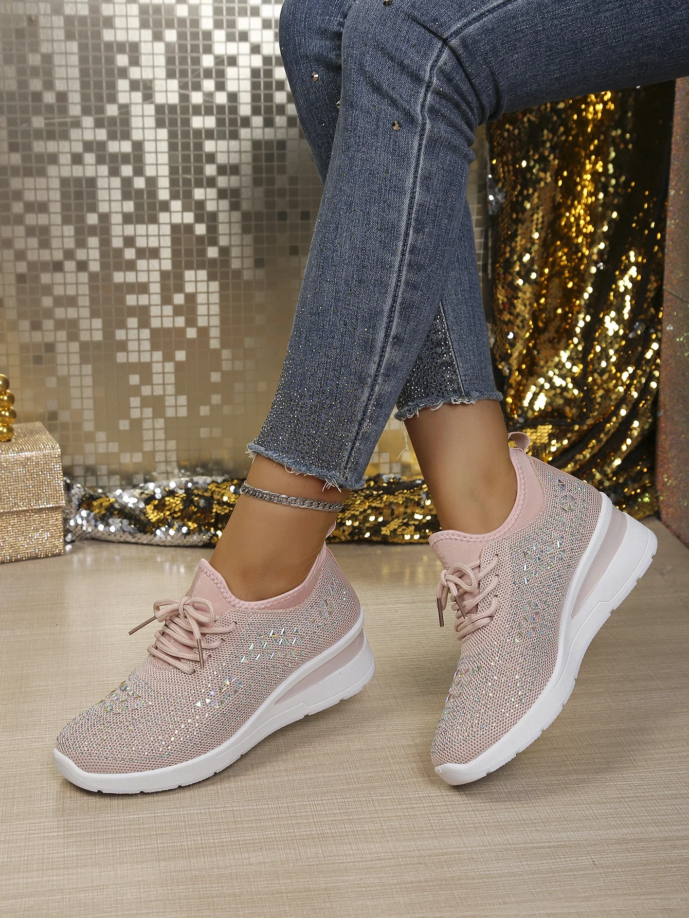 Damen Casual Walking Sneakers Atmungsaktives Mesh Geometrische Strass Versteckte Höhe Keilabsatz Plateau-Schuhe Kostenloser Versand Schuhe – Detail 13