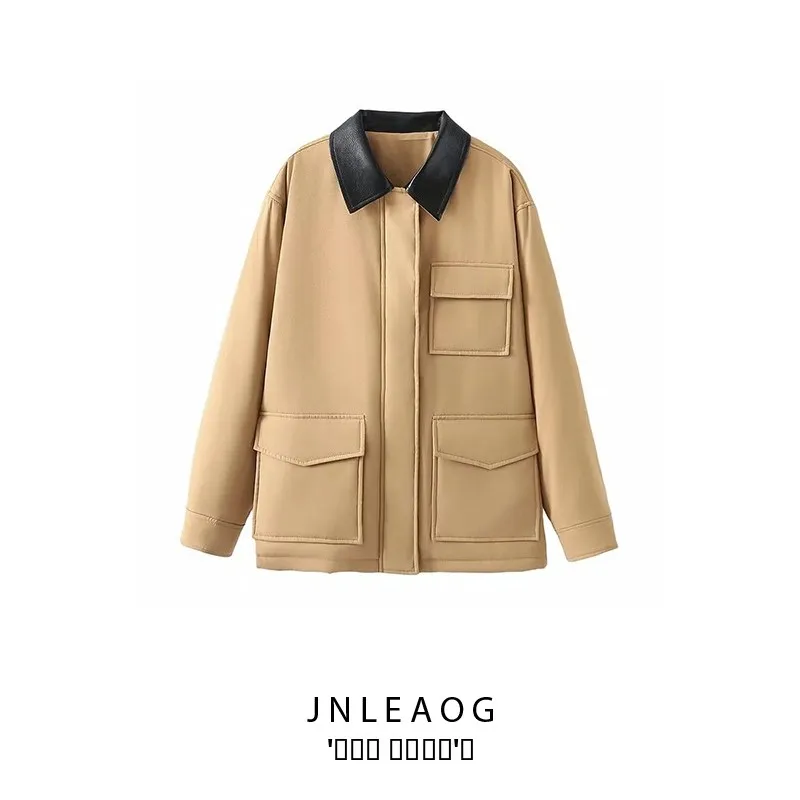 

JNLEAOG Autumn New Women's Faux Leather Collar Long Sve Patchwork Cotton Jaet Street Sle Summer Collection