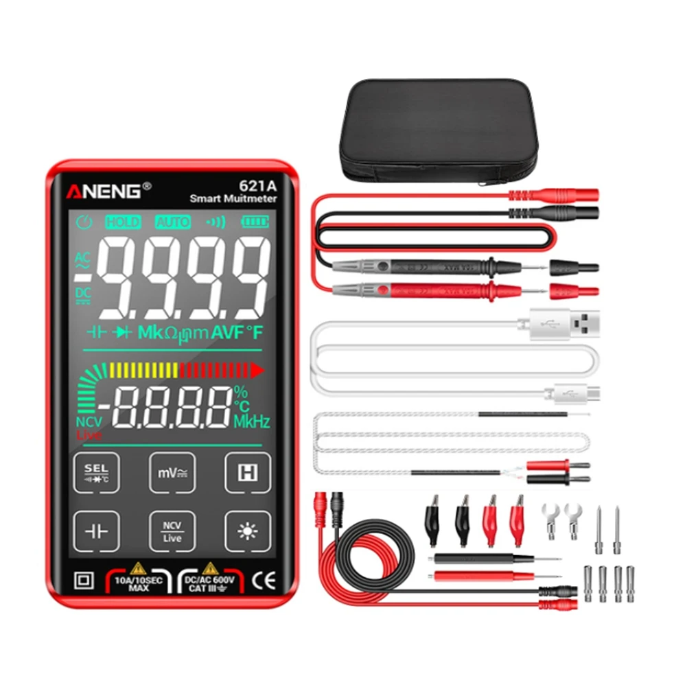 

621A Intelligent Digital Multimeter Touch Screen 9999 Counts Auto Range Rechargeable NCV Universal Meter Voltmeter Red