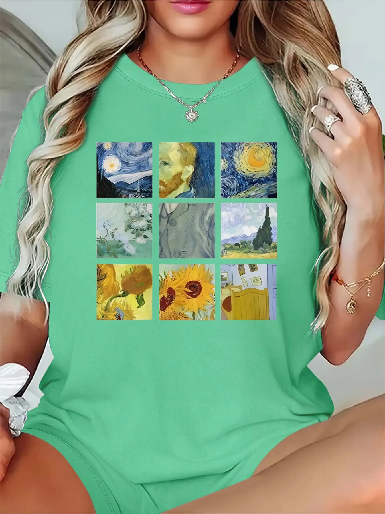 Plus Size Artistic Van Gogh Masterpiece Collage Tee For Women’s Sophisticated Fashion Taste