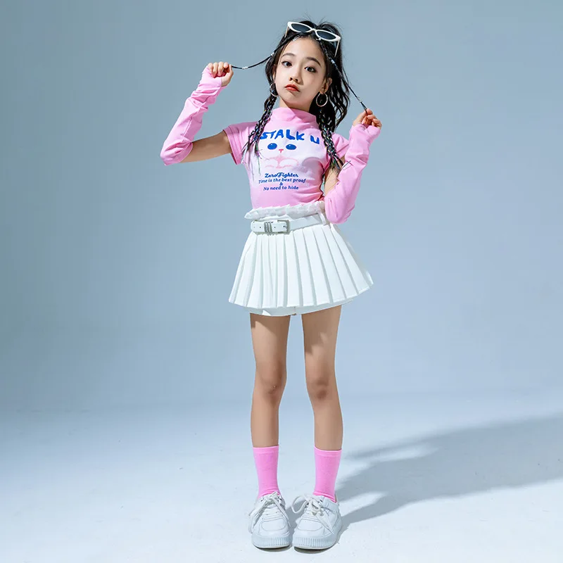 Kid Hip Hop Clothing Cat Mock Neck Crop Top T Shirt Arm Sleeve White Skirts for Girl Jazz Dance Costume Hip-hop Clothes
