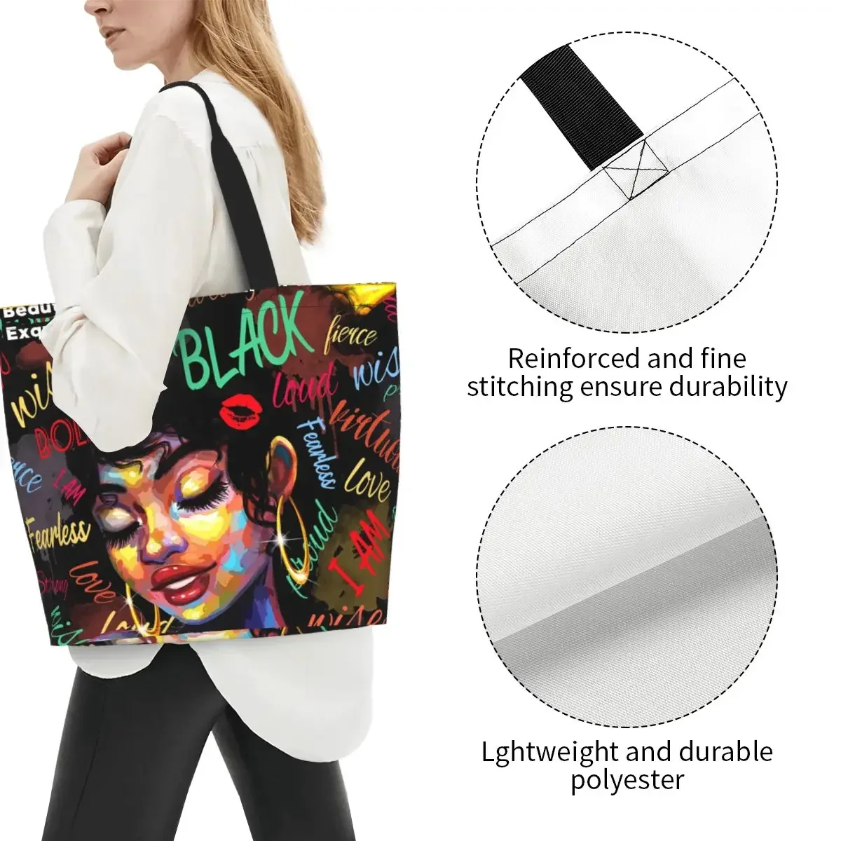 African Girl Black Women Grocery Shopping Bag Cute Printing Canvas Shopper Shoulder Tote Bag Big Capacity Portable Handbag